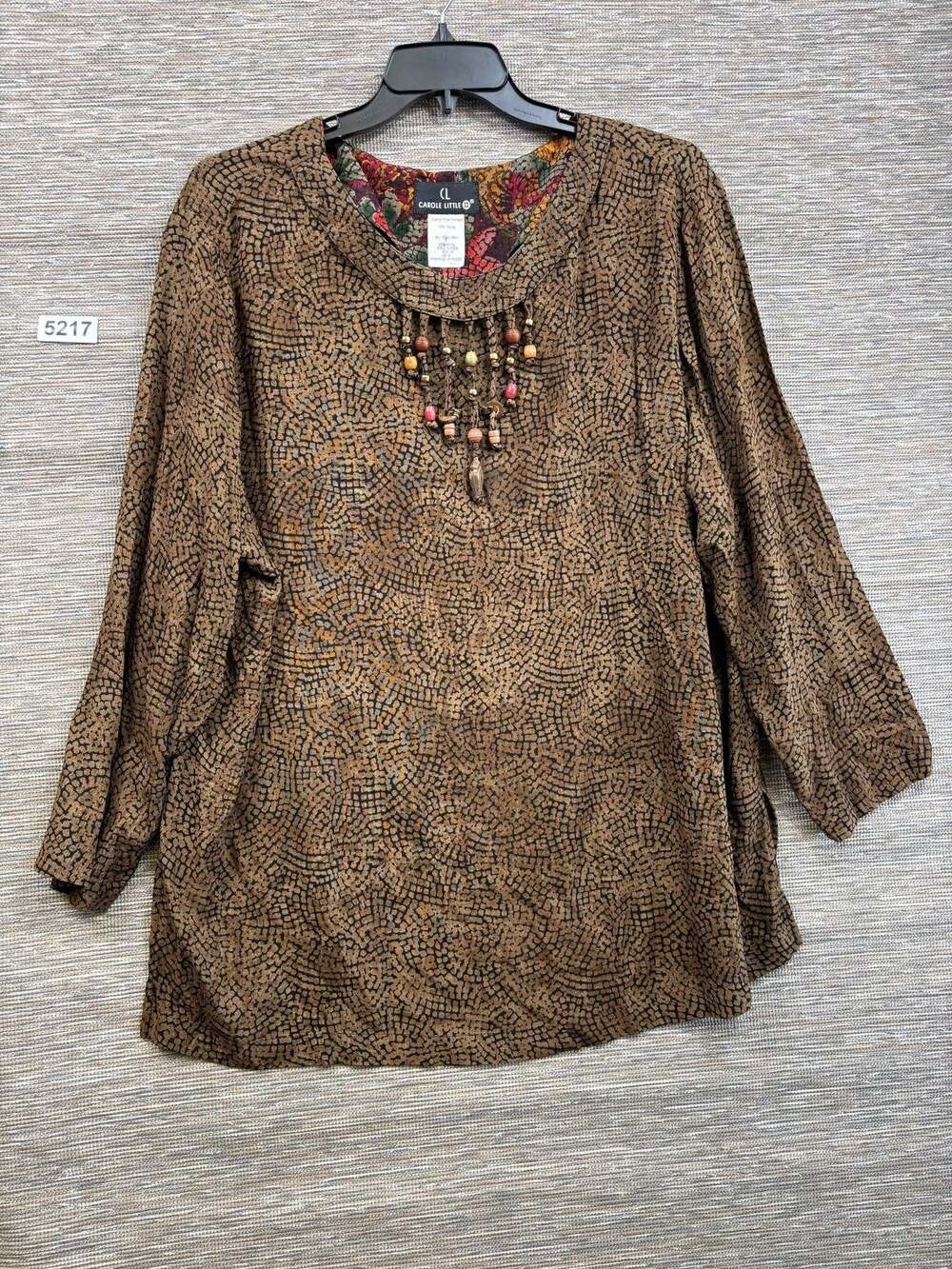Carole Little Top Womens Size 20 Brown Rayon Beaded Tunic 3/4 Sleeve Geometric